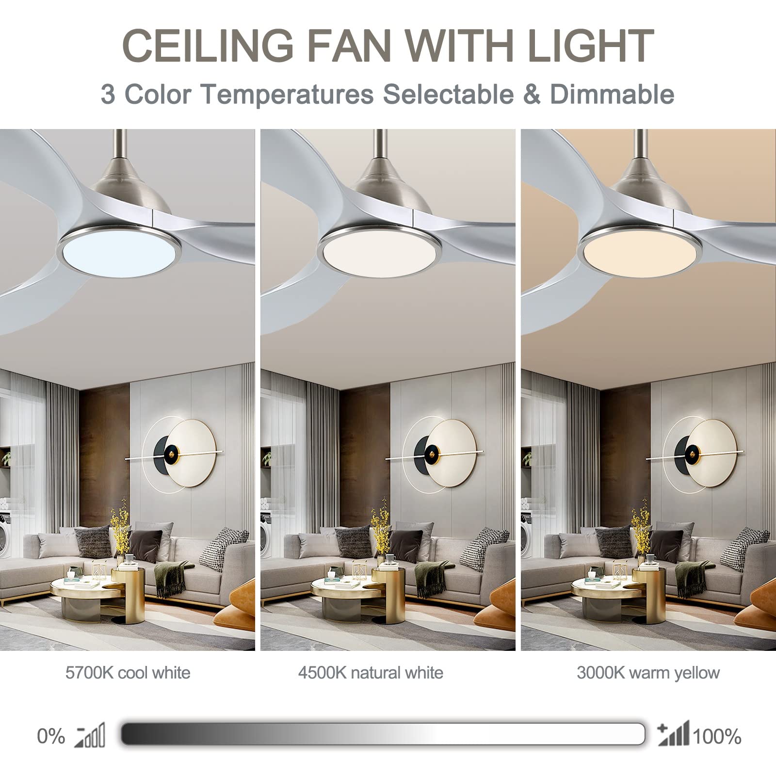 52 Inch Quiet DC Motor 6 Speed High CFM Modern Ceiling Fan with Lights Remote Control, 3 Blade Indoor Silver Ceiling Fan for Bedroom, Office, Living Room