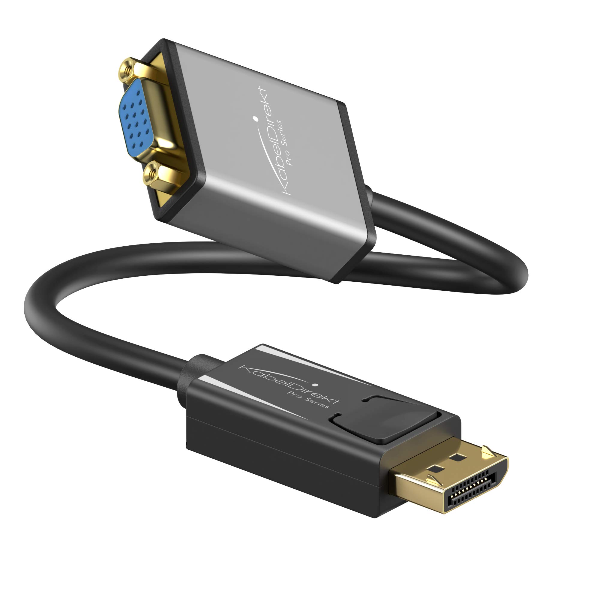 KabelDirekt – DisplayPort DP to VGA adapter – 0.15m – (maximum resolution 1920 x 1200/60Hz, suitable for all graphics cards with a DP output for connecting beamers or monitors with a VGA input)