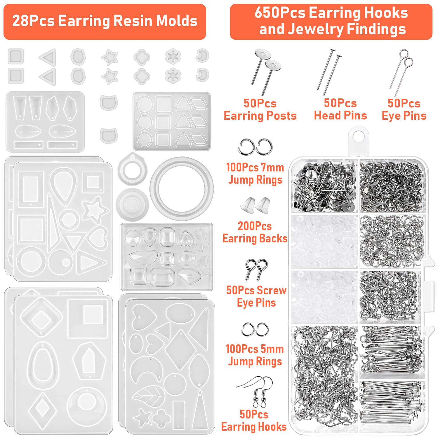 Resin Molds for Jewelry, Paxcoo 678pcs Earring Making Kit with 28pcs Epoxy Molds and 650pcs Earring Hooks, Jump Rings for Pendants, Resin Crafts, DIY Earring