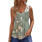 Womens Tank Tops Dressy Casual Summer Lace Sleeveless V Neck Tee Shirts Pleated Front Buttons Blouses