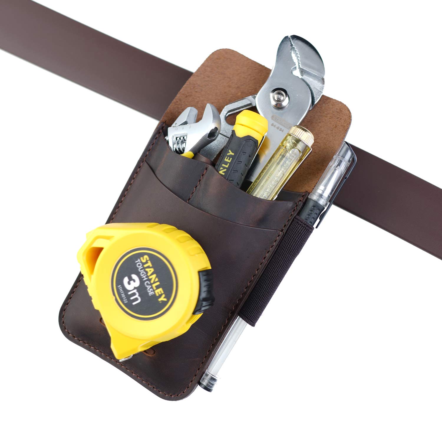 VIPERADE PJ14 Leather Tool Pouch, Tape Measure Holder, Pliers Pouch, Screwdriver Holster, 4 Pockets Organizer Sheath with 1 Tactical Pen Loop (Brown)