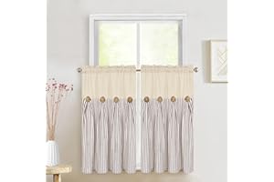 ASPMIZ Cotton Linen Kitchen Curtains 36 Inch Length, Farmhouse Rod Pocket Short Curtains for Window, Brown Stripe Small Window Curtain Boho Rustic Button Window Treatment Tiers for Bathroom, Cafe