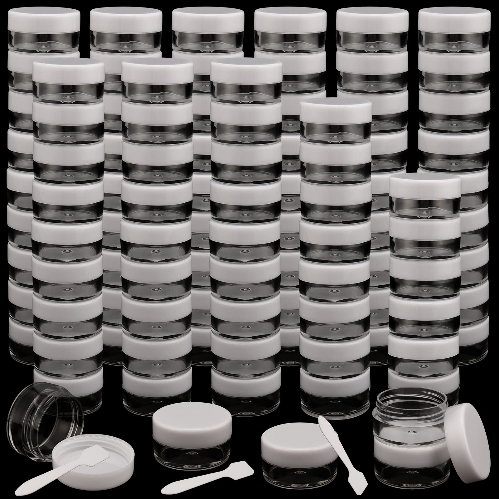 ZOENHOU 100 Pack 5 Gram Empty Cosmetics Container with Lids, Clear Round Smaple Pot Jar Plastic for Beads, Earrings, Creams, Eye Shadow Nails Powder