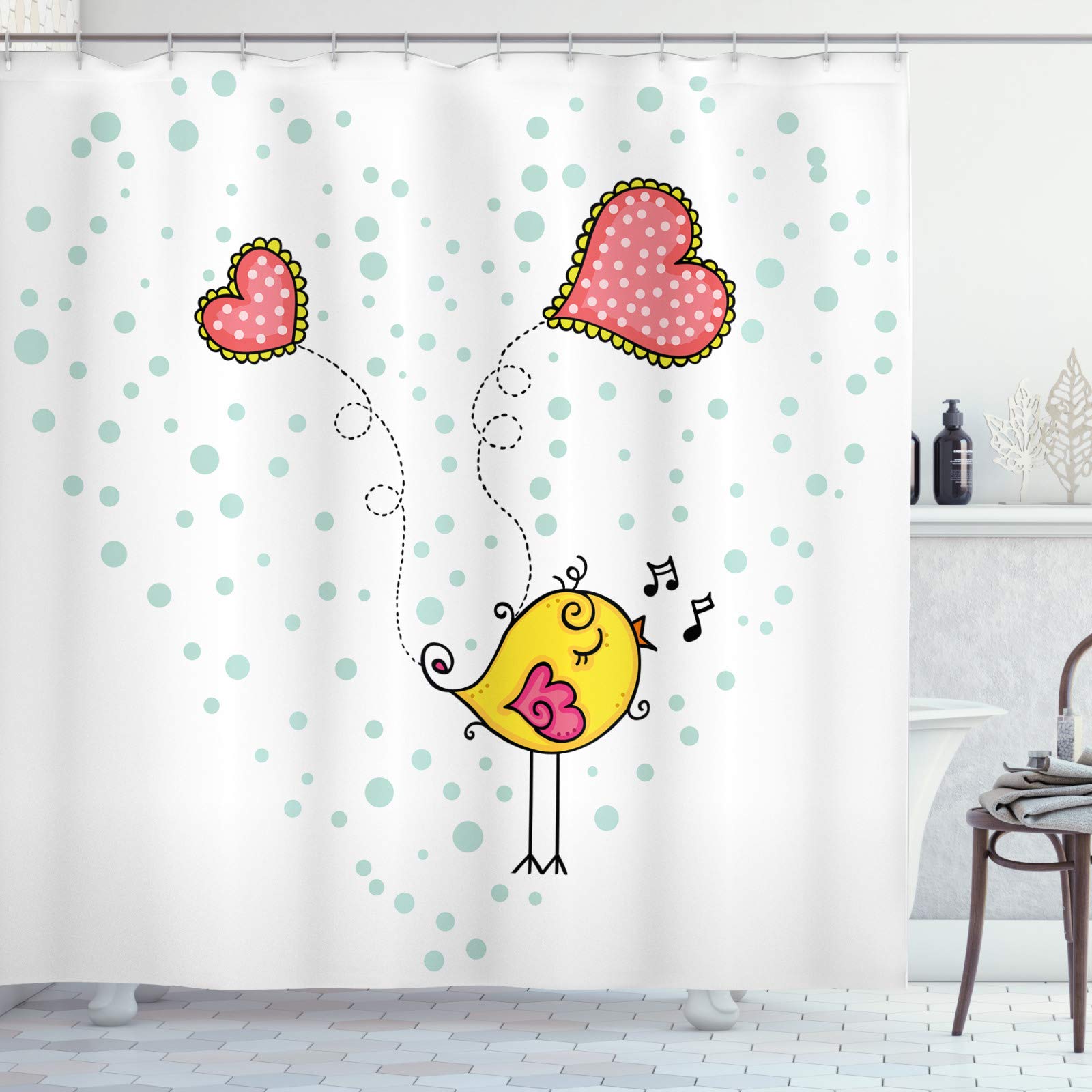 ABAKUHAUS Yellow Bird Shower Curtain, Valentine's Day Pastel Concept Love Bird Singing in Polka Dotted Hearts, Cloth Fabric Bathroom Decor Set with Hooks, 86 Inches Extra Long, Multicolor