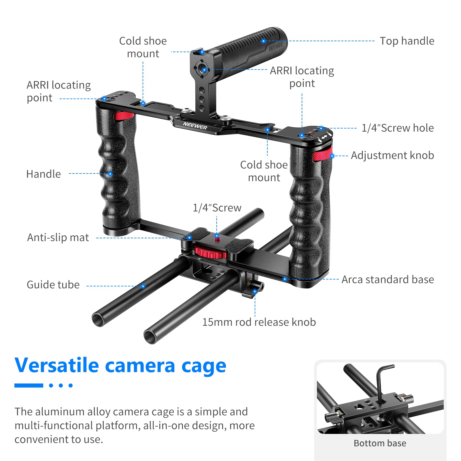 NEEWER Aluminum Alloy Camera Cage, Filmmaking Rig with Top Handle, Dual Grips, Standard Arca Type Base, Compatible with Sony A7S III A7IV A6600 Canon EOS R5C R5 R6 DSLR/Mirrorless Cameras - VS107