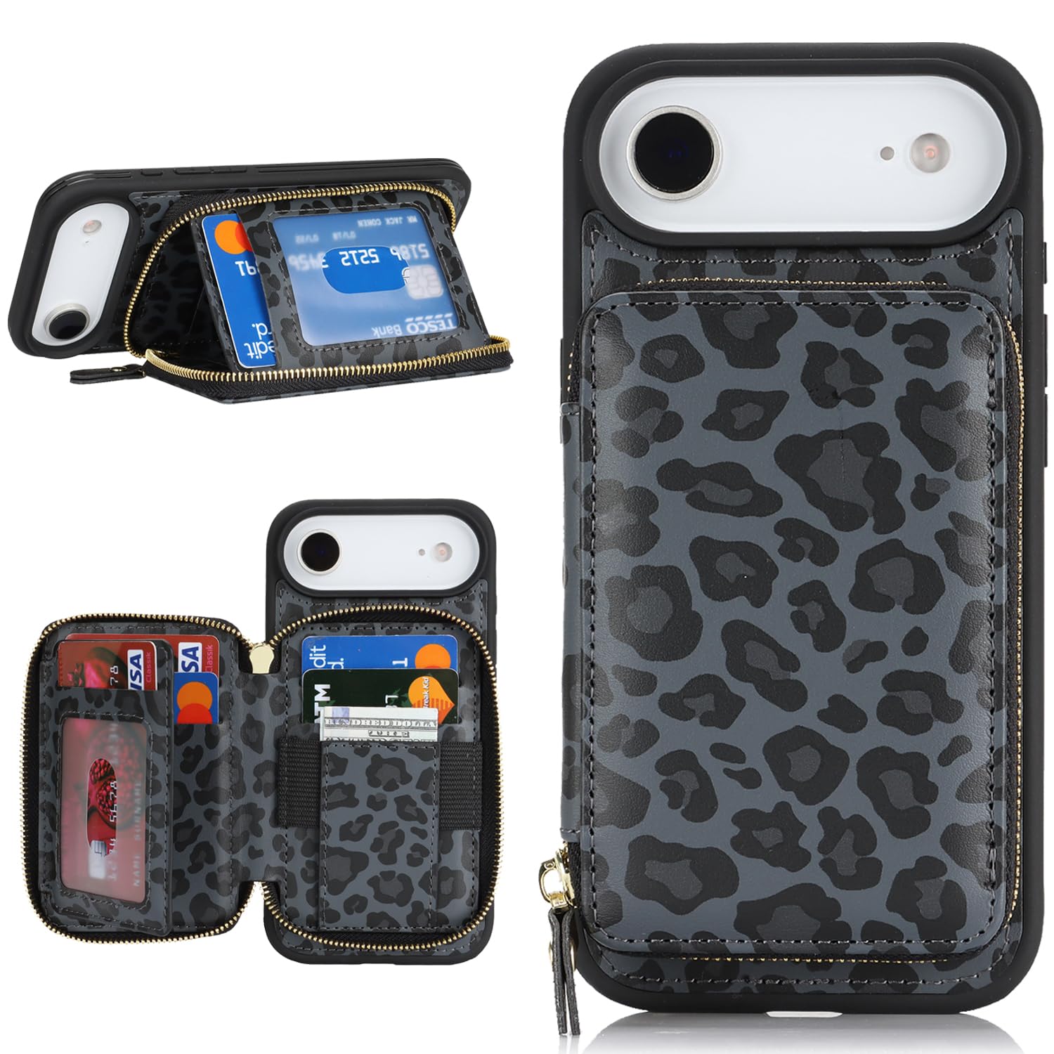 Hamany for iPhone Air Case Wallet with Card Holder,for iPhone Air Phone case Wallet with Zipper with Slot Kickstand Stand Case for Women and Man 5G 6.5 Inch-Black Leopard