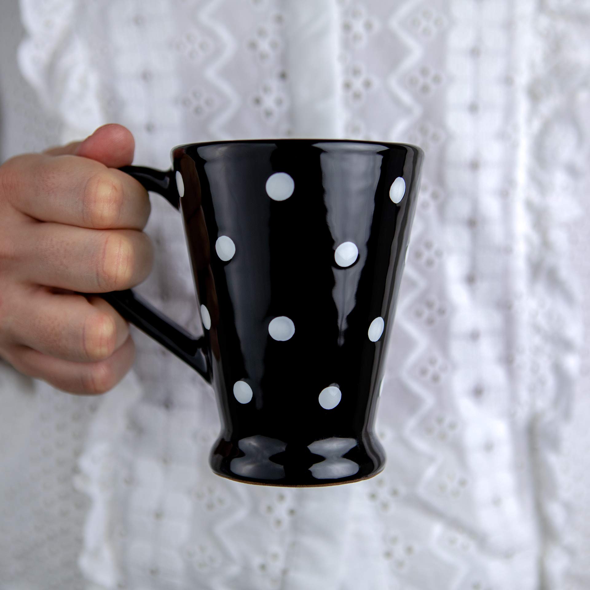 City to Cottage® Black and White | Polka Dot Spotty | Designer Handmade Hand Painted | Unique Ceramic | Coffee Tea Latte Mugs Cups with Large Handle | Gift