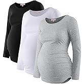 Bhome Women's Maternity Shirts 3 Packs Long Sleeve Pregnancy Tops Basic Side Ruched Tunic Blouse