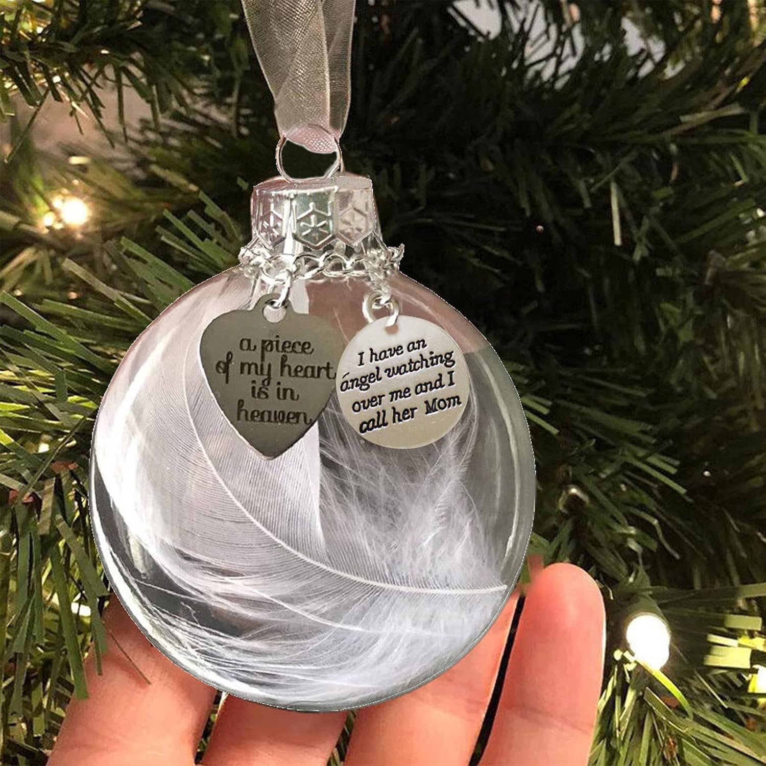 Ornaments - Clear Christmas Memorial Ornament Feather Ball, A Piece of My Heart is in Heaven, Christmas Tree Memorial Hanging Pendant Gift for Mom, Dad, Son, Daughter,Sister, Brother, Grandma, Grandpa 2.4''/60 mm