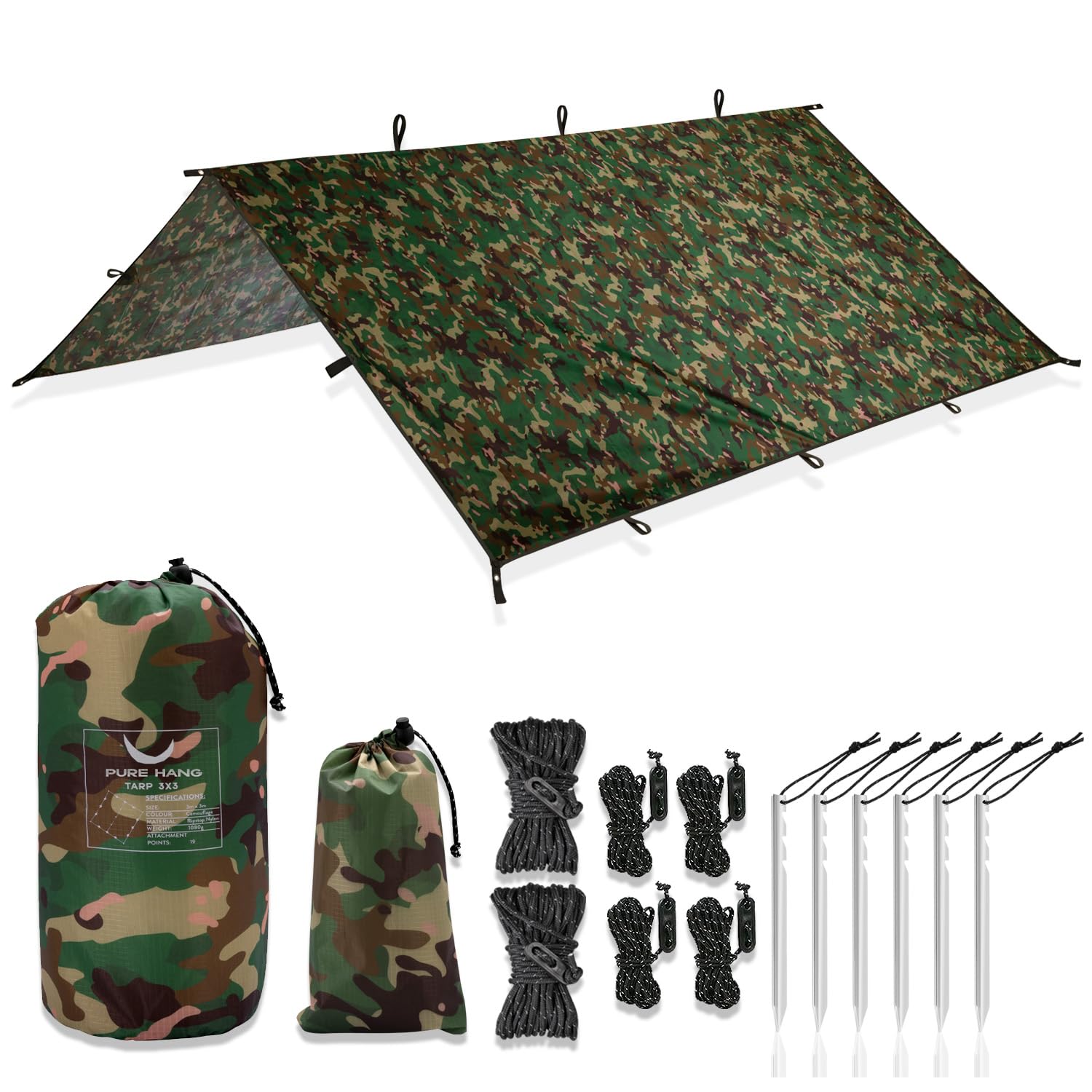 PURE HANG Rain Fly Tent Tarp Hammock 3m x 3m Waterproof Windproof UV Sunshade for Camping Shelter Canopy Camp Gear Outdoor Travel Snow - Lightweight Easy Setup Ripstop Nylon (3m x 3m, Camouflage)