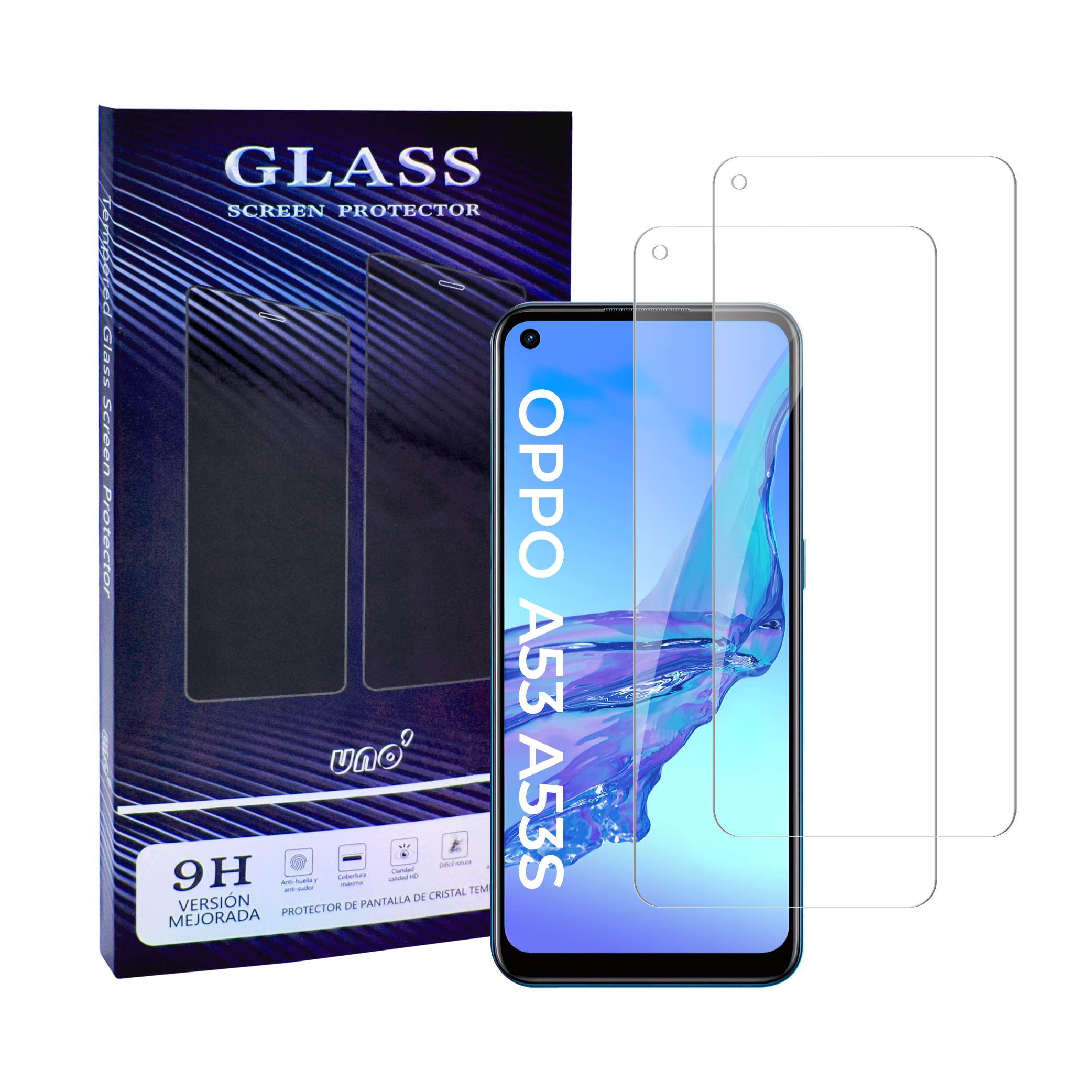 UNO' 2 Pack Tempered Glass Screen Protector Compatible with OPPO A52/A53/A72/A53s/A73 5G/A54 5G/A74 5G, Ultra Resistant Bubble-Free, 9H, Anti-Scratch, Anti Fingerprint