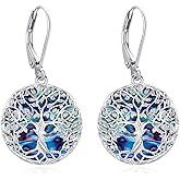 Eusense Sterling Silver Tree of Life/Filigree/Celtic/Compass/Cat/Bee/Dragon Animals Dangle Earrings Turquoise Malachite Drop Leverback Earrings Jewelry Gifts for Women
