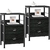 Furologee Nightstands Set 2, Night Stand with 2 Fabric Drawers, Bedside Tables with Open Shelf, Wooden Top, Hooks, Backboard Design, Metal Frame, End Tables for Bedroom/Living Room/Study/Black Oak