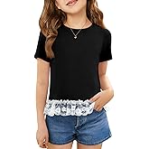 Girls Short Sleeve T Shirts Kids Cute Lace Hem Crewneck Summer Tops Tees 5-14 Years