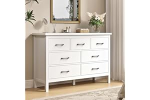 BAZELOR White Dresser for Bedroom with 7 Drawer,Wooden Double Dresser with Metal Handles, Wide Chest of Organizer Storage Dra