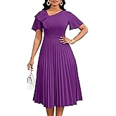 Nmoder Pleated Dress for Women|Short Sleeve Asymmetrical Ruffles Summer A Line Midi Dresses for Church Semi-Formal