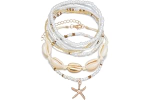 Qceasiy Shell Ankle Bracelet Set for Women, Gold Plated Boho Bead Adjustable Anklet, Hawaiian Beach Seashell Pearl Heart Starfish Conch Foot Jewelry Gifts