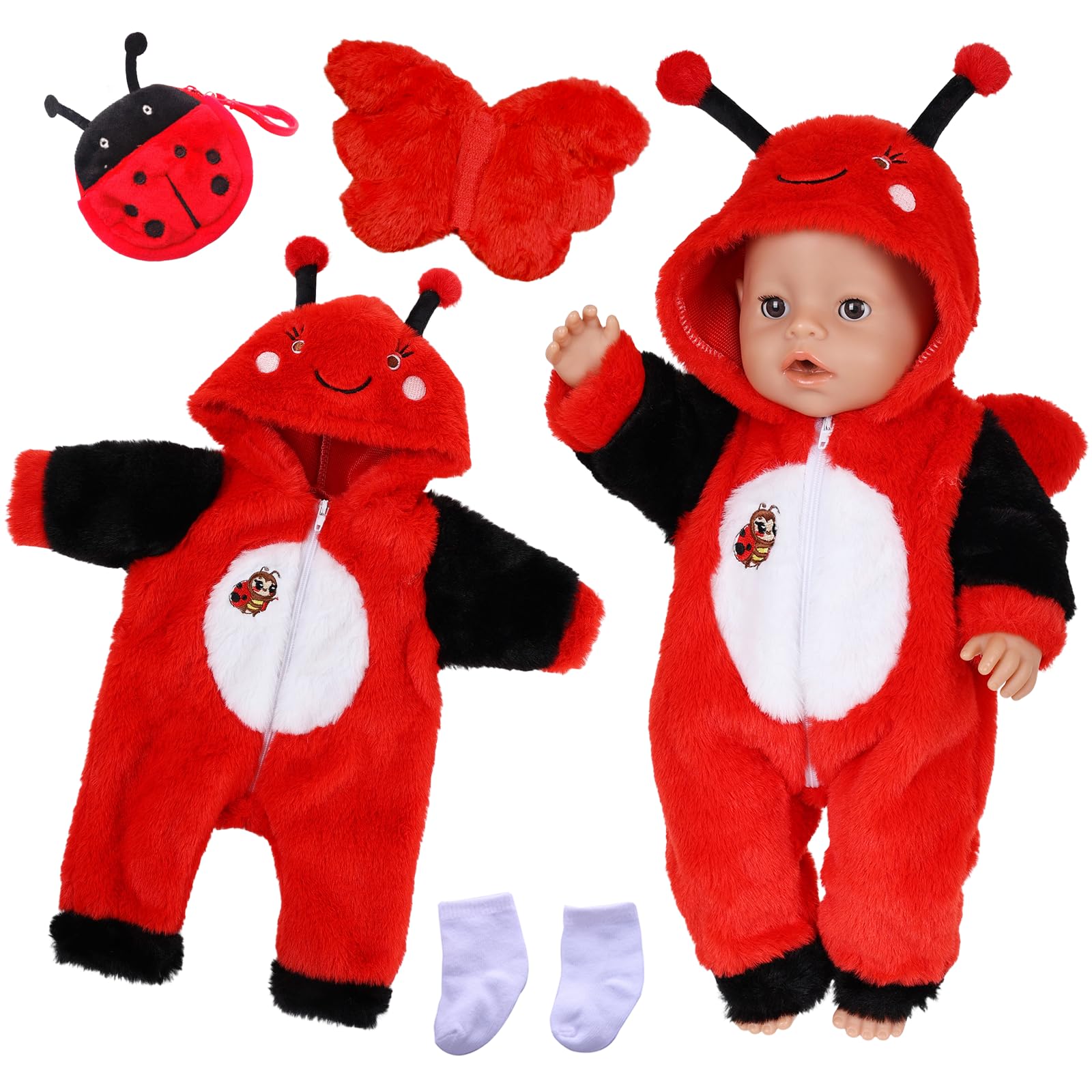 Baby Doll Clothes for 16-18 Inch Dolls, Doll Outfit Jacket Jumpsuit with Ladybird Wings, Bag, White Socks, New Born Boy Girl Dolls Clothes Accessories, Gift for Children (Ladybird)