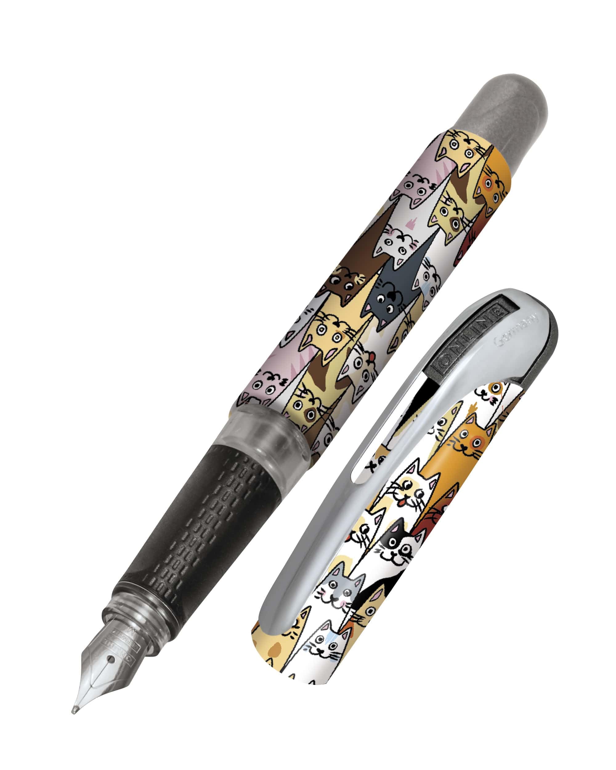 Online fountain pen College Fluffy Cats, ink fountain pen for right-handers, ergonomic grip, iridium nib medium, standard ink cartridges, incl. combi cartridge blue, for allergy sufferers