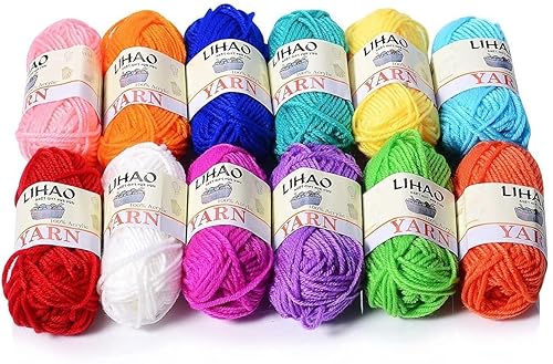 LIHAO Crochet Yarn Coloured Acrylic Knitting Yarn Set (12 Pack, 26m/roll)