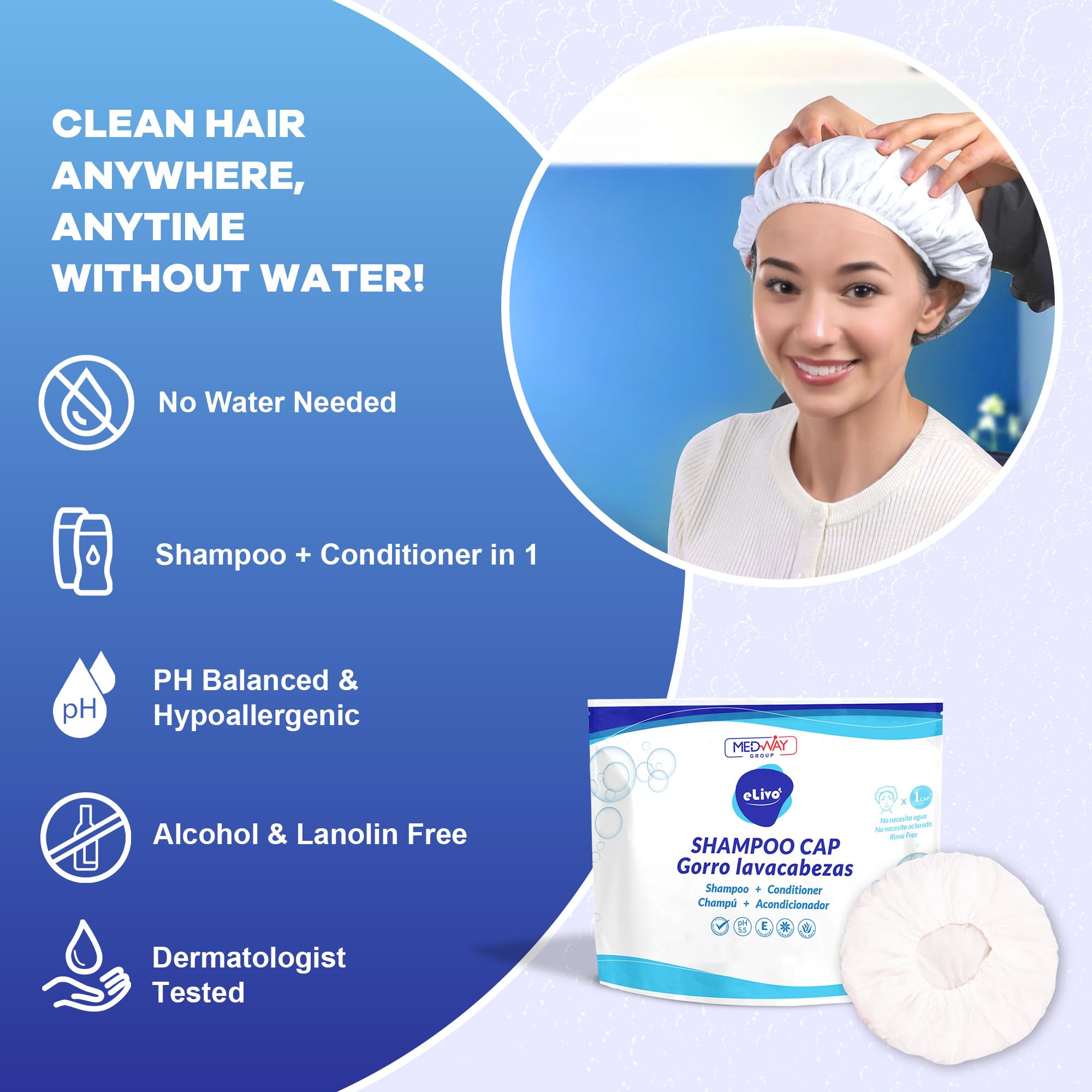 MedVance No Rinse Shampoo Cap | Rinse Free Shower Cap that Shampoos & Conditions | PH Balanced & Hypoallergenic Waterless Hair Wash | 3 Pack