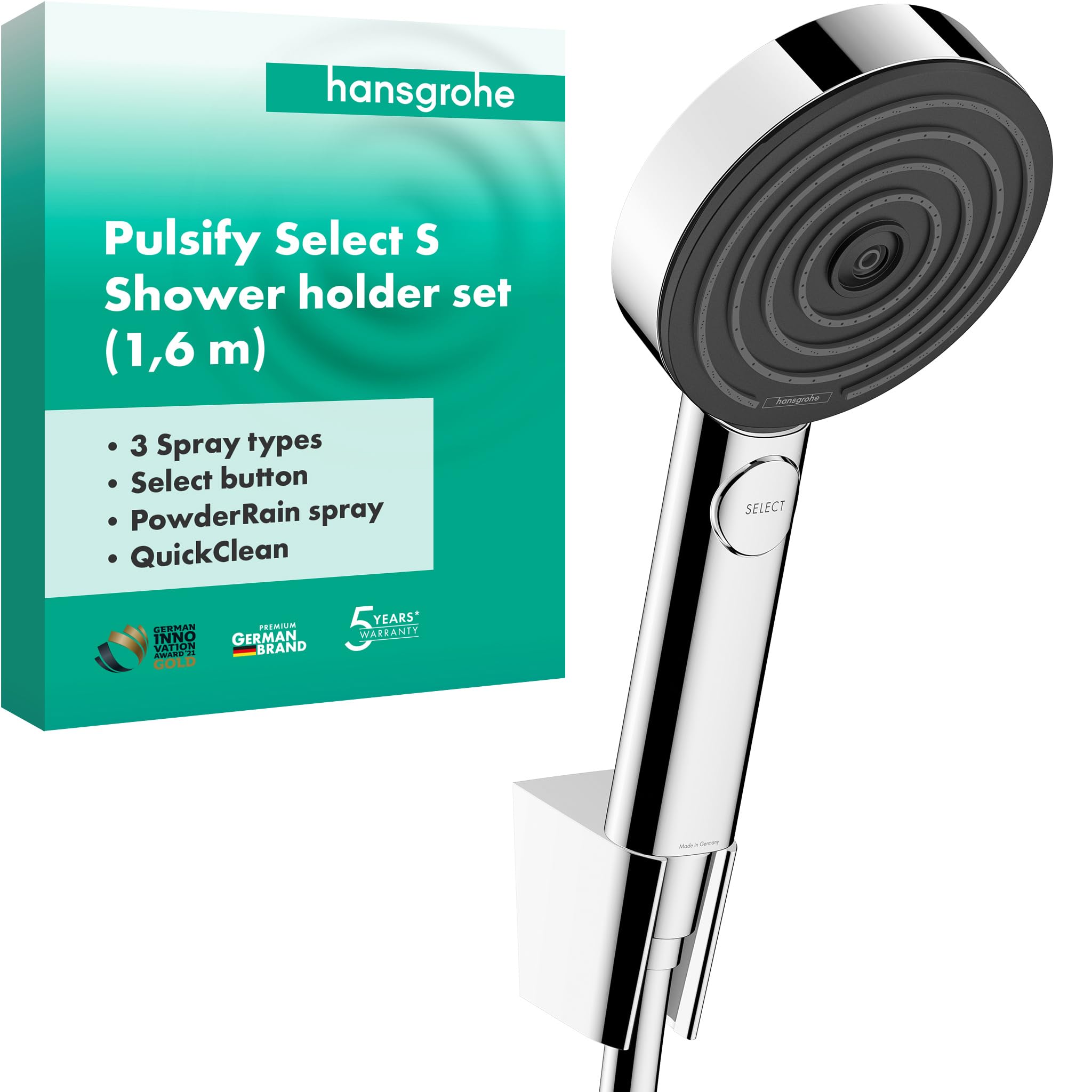 hansgrohe Pulsify Select S - shower set with shower head (3 sprays incl. PowderRain), hose (1.60 m) and holder, chrome, 24303000