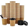 SIUQ 90 Pack - 8 oz Disposable Coffee Cups with Lids and Straws,To go Coffee Cups,Insulated Corrugated Paper Cups,Kraft Ripple Wall Cups for Hot Beverage or Cold Drinks -Champagne