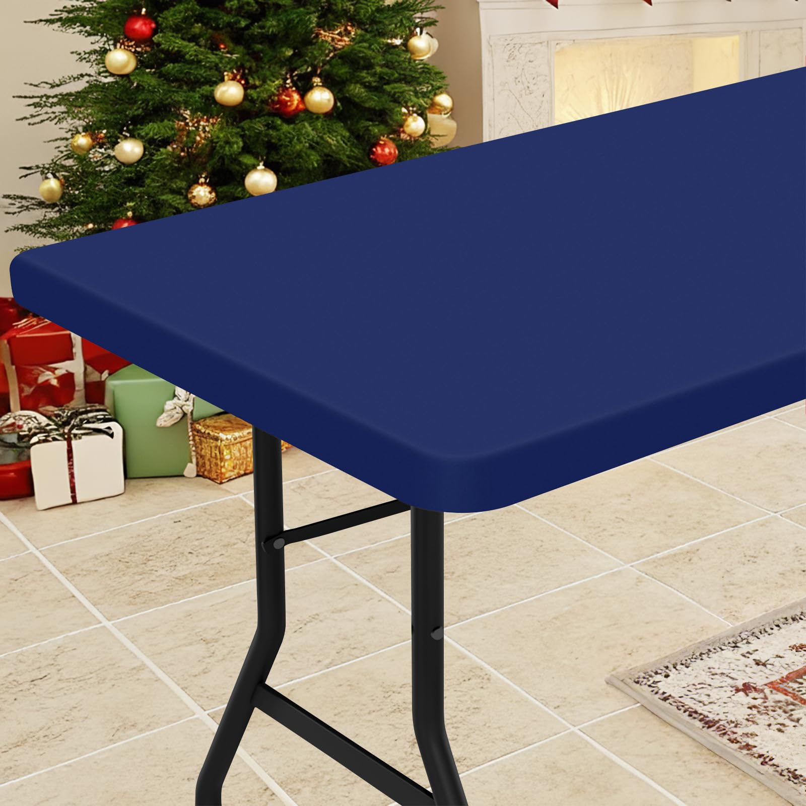Photo 1 of Smiry Rectangle Tablecloth, Elastic Fitted Flannel Backed Vinyl Tablecloths for 4ft Folding Tables, Waterproof Wipeable Table Covers for Indoor, Outdoor, Picnic and Camping (Navy, 30"x48")