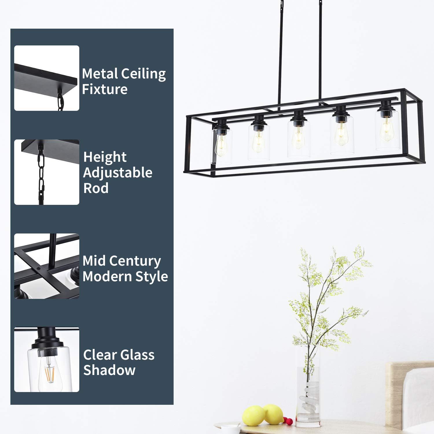 LUBURS Kitchen Island Lighting - 5 Lights Chandelier, Black Pendant Lighting with Metal Adjustable Rods&Clear Glass Shade, Vintage Pendant Ceiling Lamp for Dining Room Kitchen Living Room Farmhouse - - 