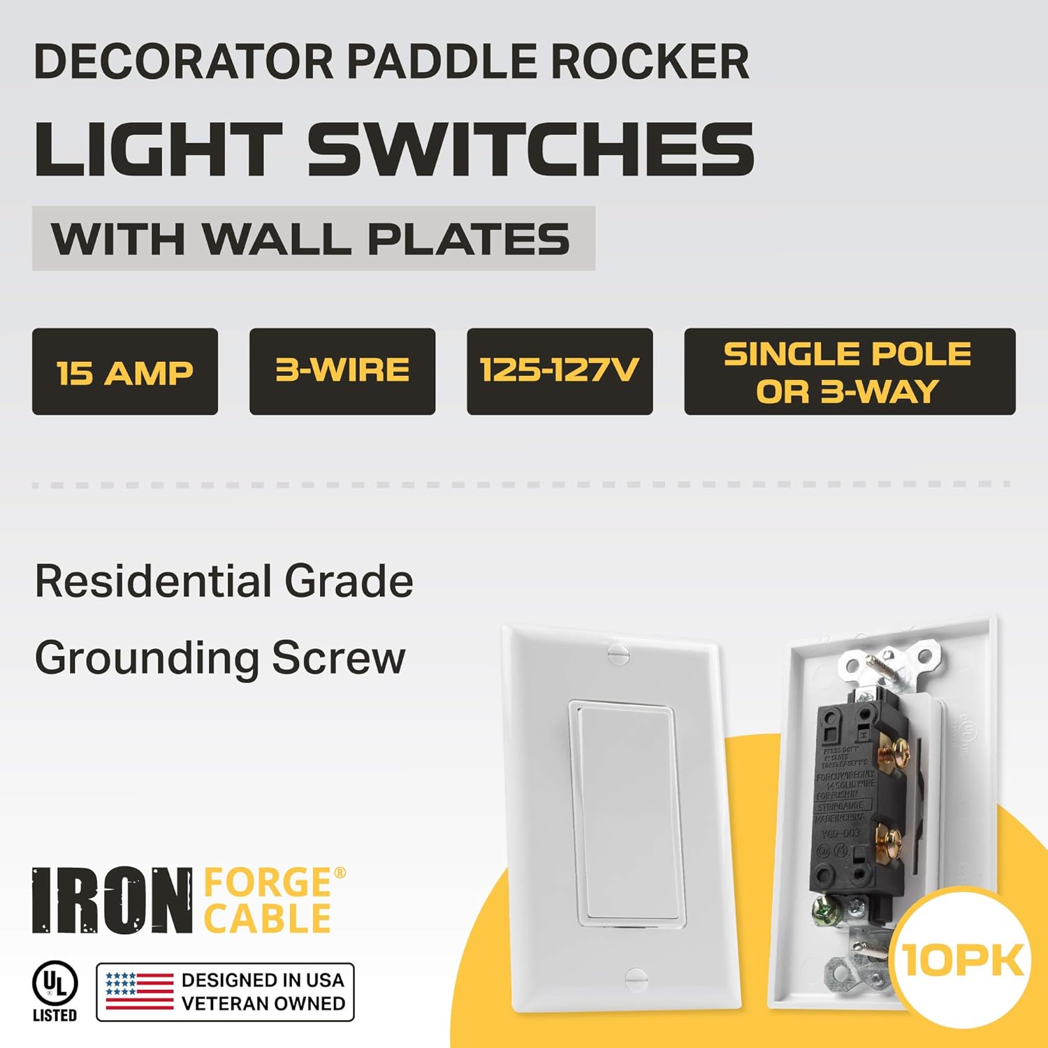 Rocker Light Switch with Wall Plate, 10 Pack, White - 3 Way Decorator Paddle Switch, Three Wire, Residential Grade, 15 Amp, 120/277V, UL Listed - - 