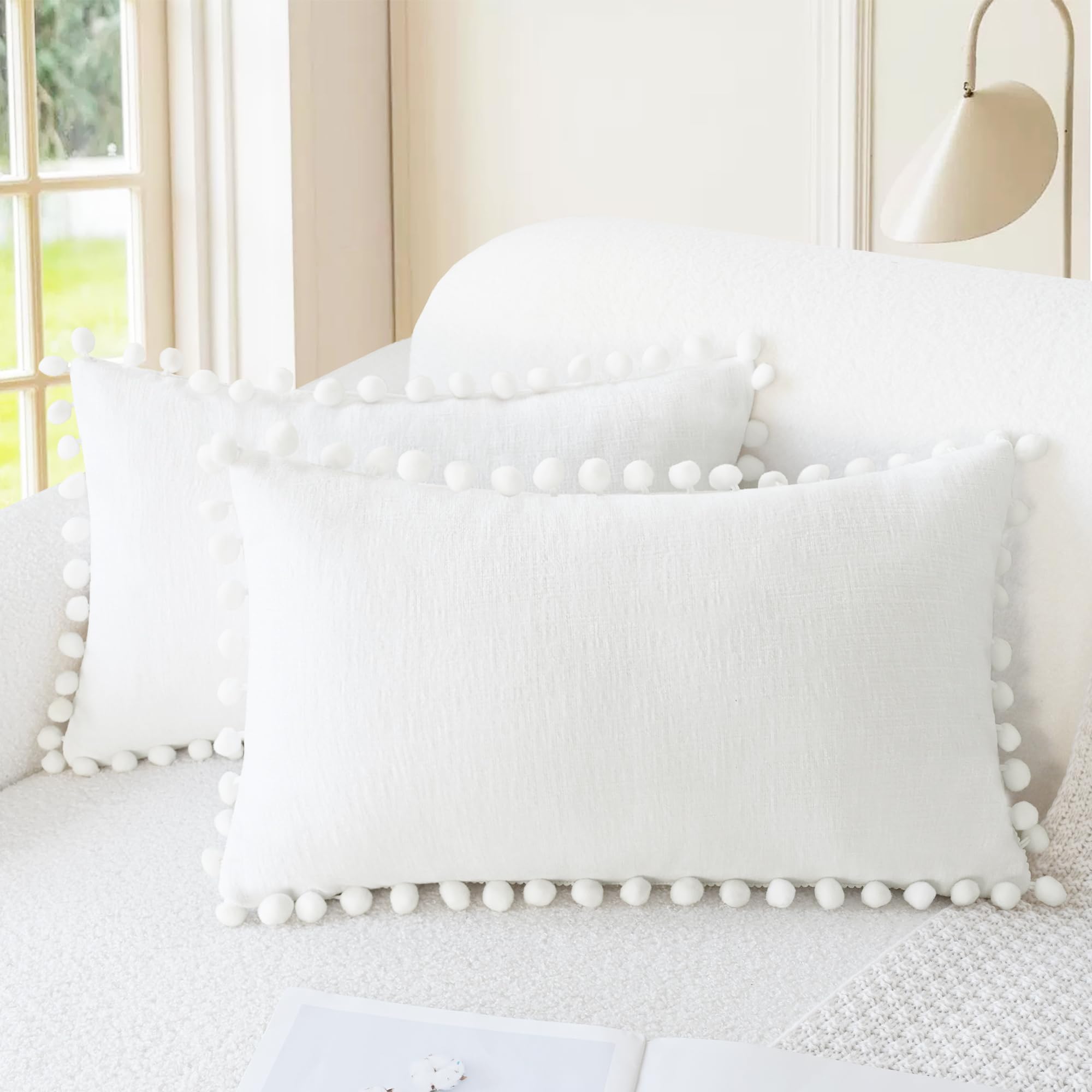 CaliTime Throw Pillow Cases Pack of 2 Cozy Solid Dyed Soft Chenille Cushion Covers with Pom Poms for Couch Sofa Home Decoration 30cm x 30cm True White