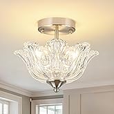 sunkryster Semi Flush Mount Ceiling Light, Brushed Nickel Light fixtures with Floral Clear Glass Shade, Modern Close-to-Ceili