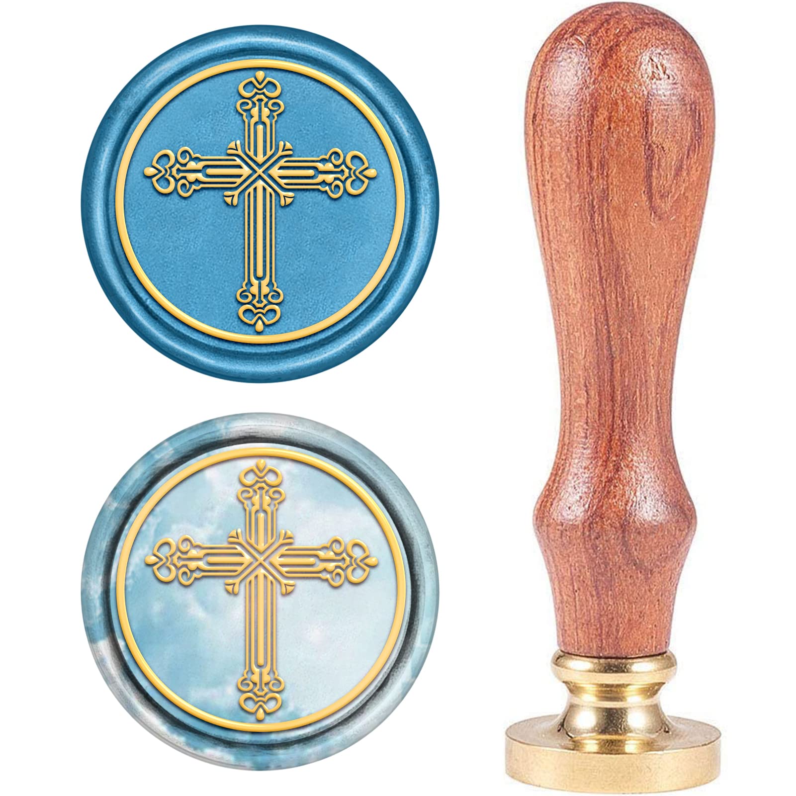 CRASPIRE Brass Retro Sealing Wax Stamp, Cross Wax Seal Stamp Removable Sealing Brass Stamp Head Wooden Handle Removable for Wedding Invitations Gift Packing Cards Letters Envelopes Wine Packages