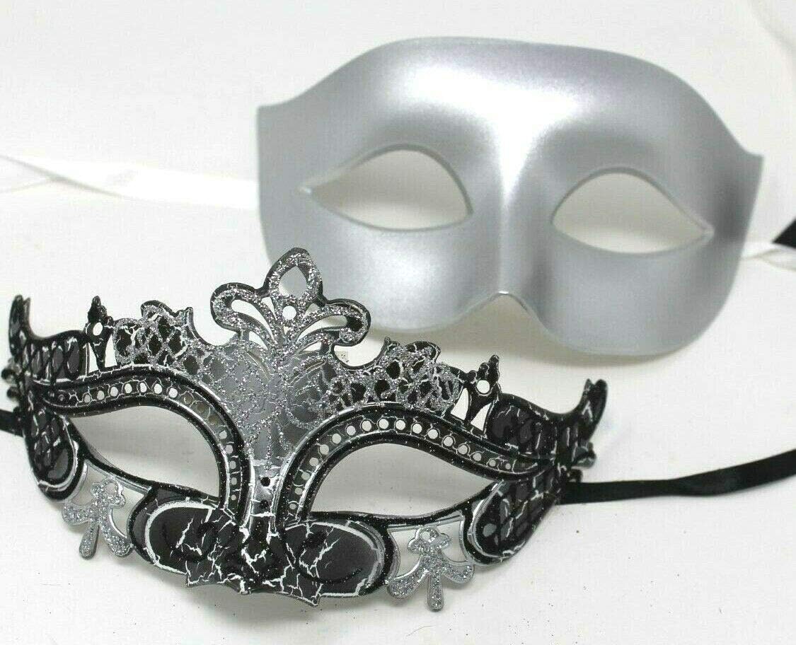 HIS N HERS PAIR OF CO-ORDINATED SILVER & BLACK COUPLES VENETIAN MASQUERADE CARNIVAL PARTY BALL EYE MASKS, Silver Black, 8cm deep - Image 3