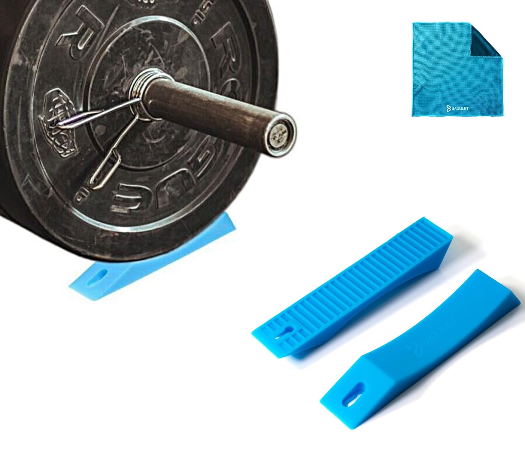 Bagulet Deadlift Jack Alternative - 1 Pair - Lift Bar Making Loading and Unloading Weight Plates Easy - Ideal for Home Gym - Rubber Wedge Fits Your Bag - Cool Towel Included