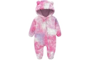 Jimonda Baby Tie Dye Snowsuit Winter Fleece Jumpsuit 0-18 Months, 100% Polyester Hooded Romper with Bear Ears for Infant