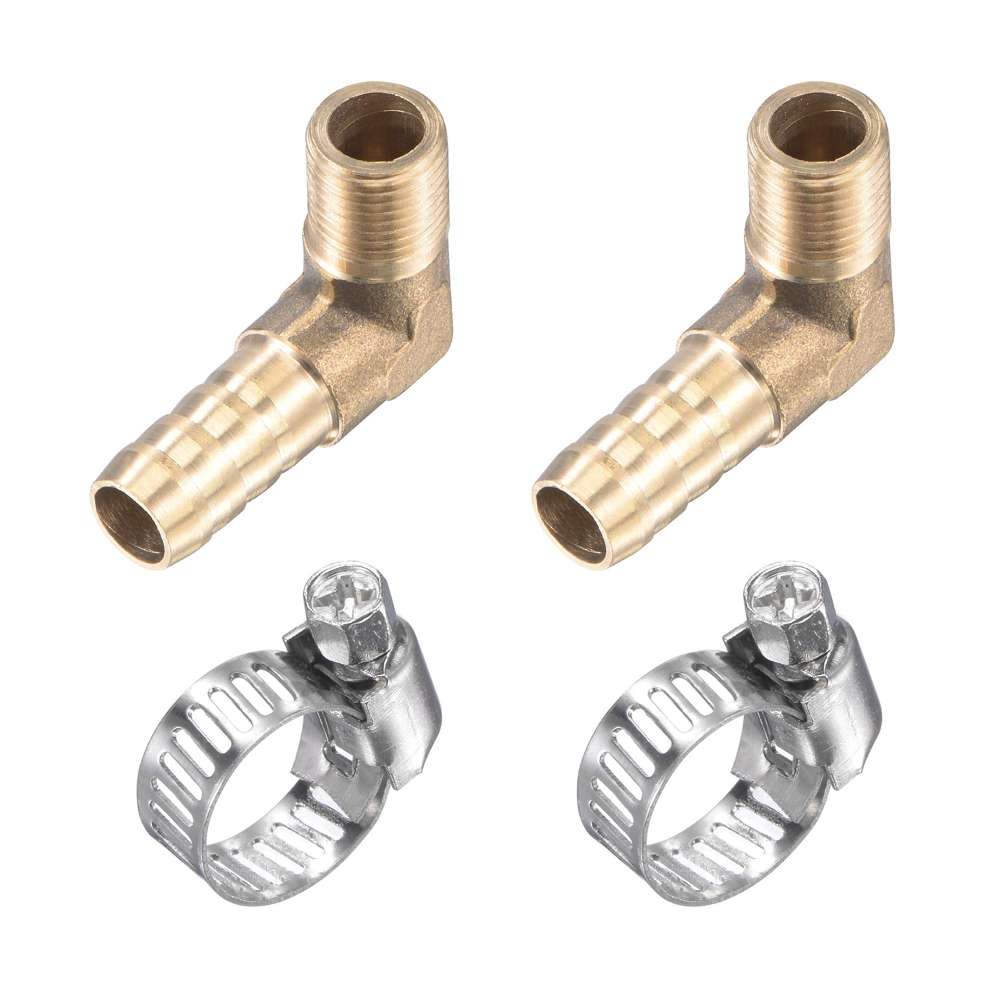 sourcing map Brass Hose Barb Fitting Elbow 8mm x G1/8 Male Thread Right Angle Pipe Connector with Stainless Steel Hose Clamp, Pack of 2