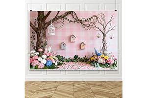 5x3ft Spring Colorful Flowers Tree Background Dream Fairytale Small House White Birdcage Pink Plaid Photography Background Gi