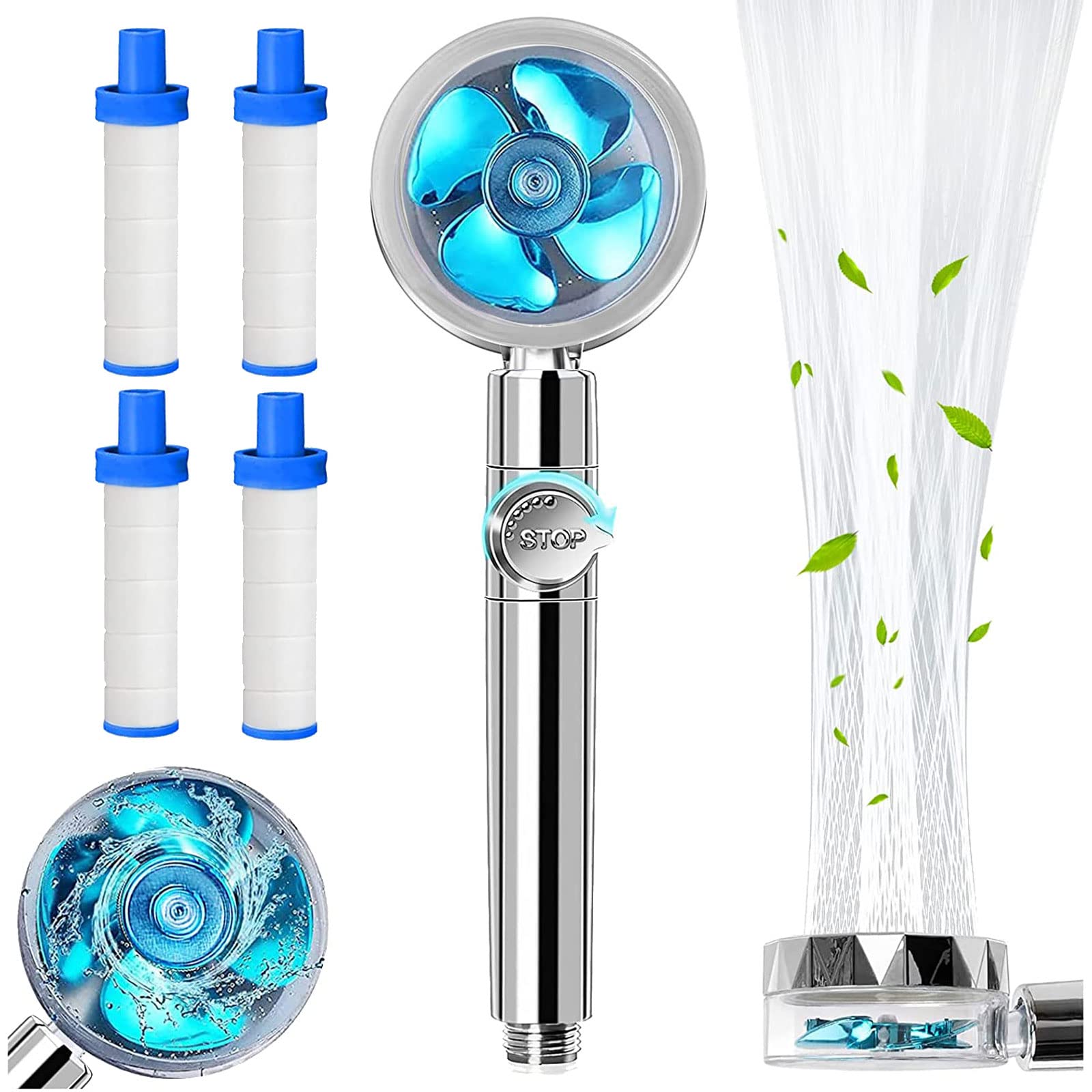 High Pressure Water Saving Shower Head With 4pcs New Upgrades Filter, 360° Rotating Hydro Jet, Propeller Driven Handheld, Turbo Fan Spa (Blue)
