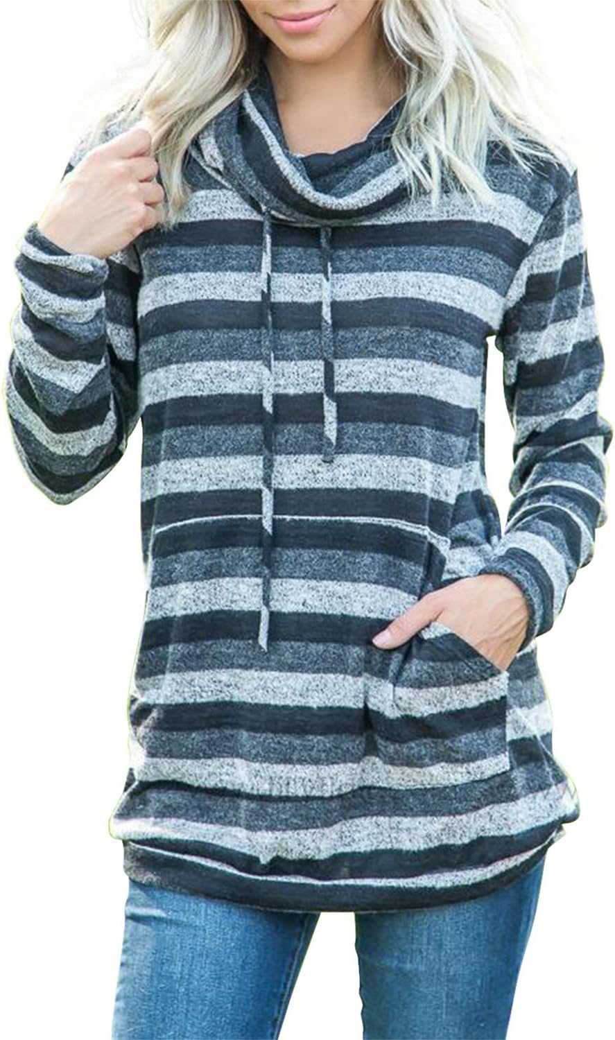 Lyking Women's Cowl Neck Long Sleeve Striped Drawstring Pullover Top Sweatshirt Hoodie with Pockets
