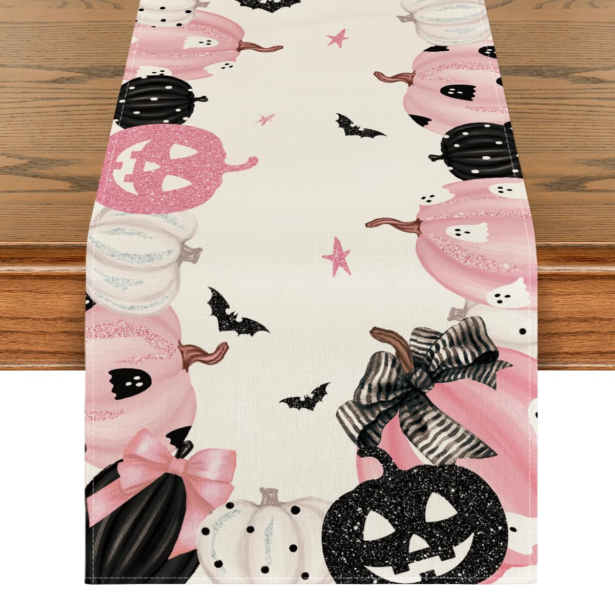 Photo 1 of Artoid Mode Pink Jack-O-Lantern Pumpkin Bat Halloween Table Runner, Holiday Kitchen Dining Table Decoration for Indoor Outdoor Home Party Decor 13 x 72 Inch
