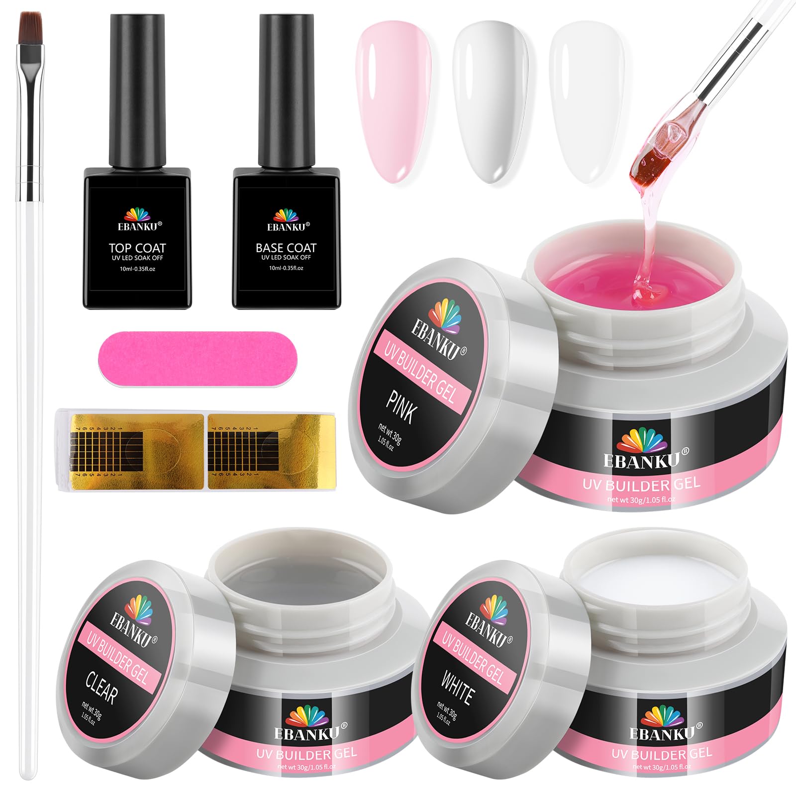 EBANKU Builder Gel Kit - 3 Colors 1oz Clear Pink White Hard Gel for Nails Professional Extension Set for Beginners Nail Art