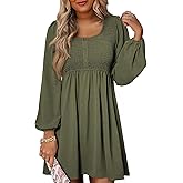 Dokotoo Womens 2026 Casual Dresses Smocked Crewneck Button Up Long Sleeve Empire Waist A-Line Mini Dress