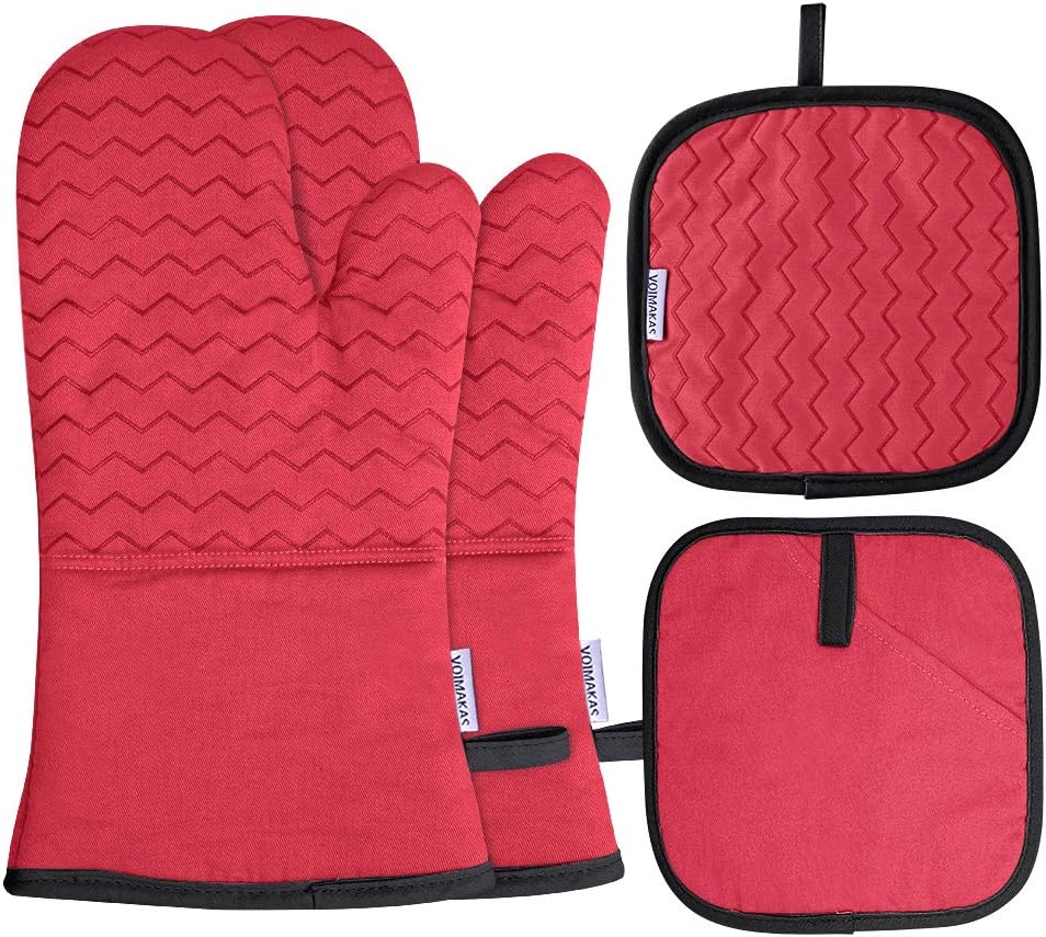 VOIMAKAS 1 Pair Cotton Oven Mitts and Pot Holders, Extra Long Heat Resistance Kitchen Gloves (Red)
