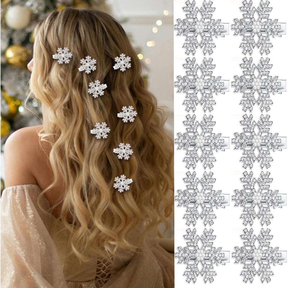 10Pcs Mini Snowflake Hair Clips Sparkly Rhinestone Pearl Hair Barrettes Cute Hair Pins Snap Small Silver Metal Alligator Clips Christmas Hair Accessories for New Year Wedding Party Hair Clip