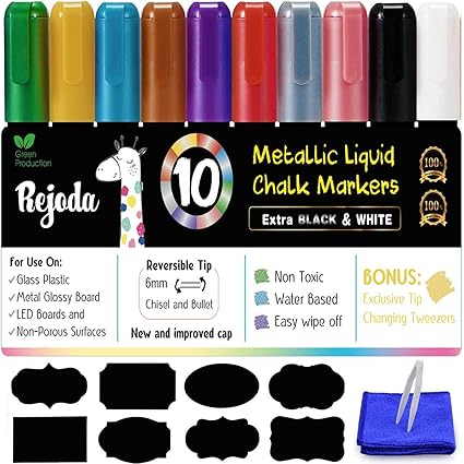10 Kreidestifte Fur Tafel Fenster Metallic Farben Kreidemarker Ideal Als Fensterstifte Folienstift Glasmalstifte Tafelstift Whiteboard Marker Mit 32 Tafeletiketten Pinzette Putztuch Amazon De Burobedarf Schreibwaren
