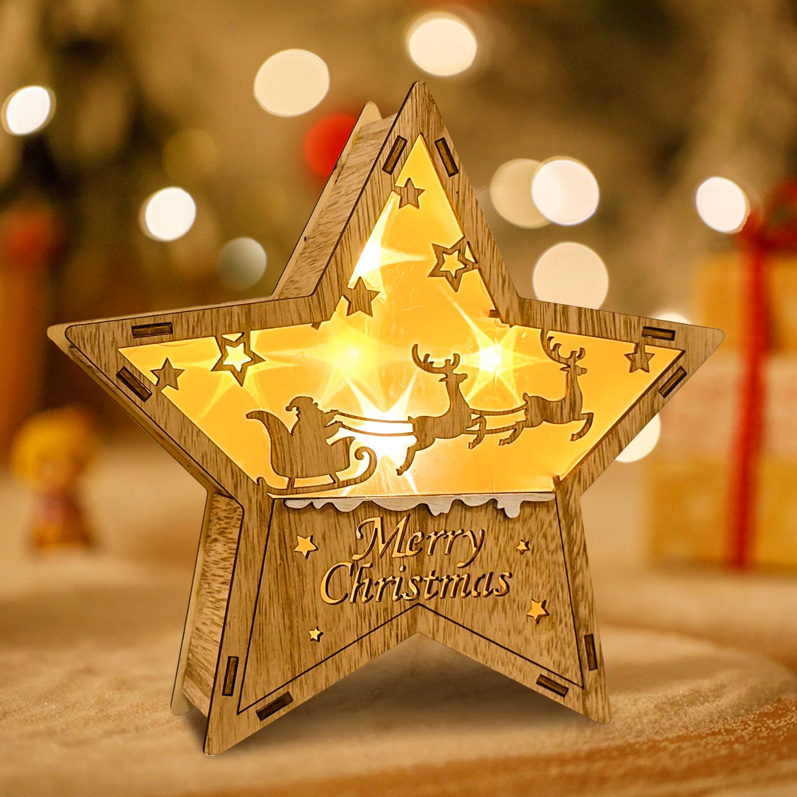Wooden Christmas Decoration Star, 30 cm Christmas Lighting, LED Decorative Light, Star, Christmas Decoration, Reindeer, LED Christmas Star Lighting, Warm White Christmas Decoration, Christmas