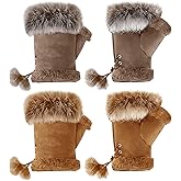 SATINIOR Women Fur Fingerless Gloves Winter Rabbit Fur Lined Half Finger Mittens for Women Girls Teen Working Writing