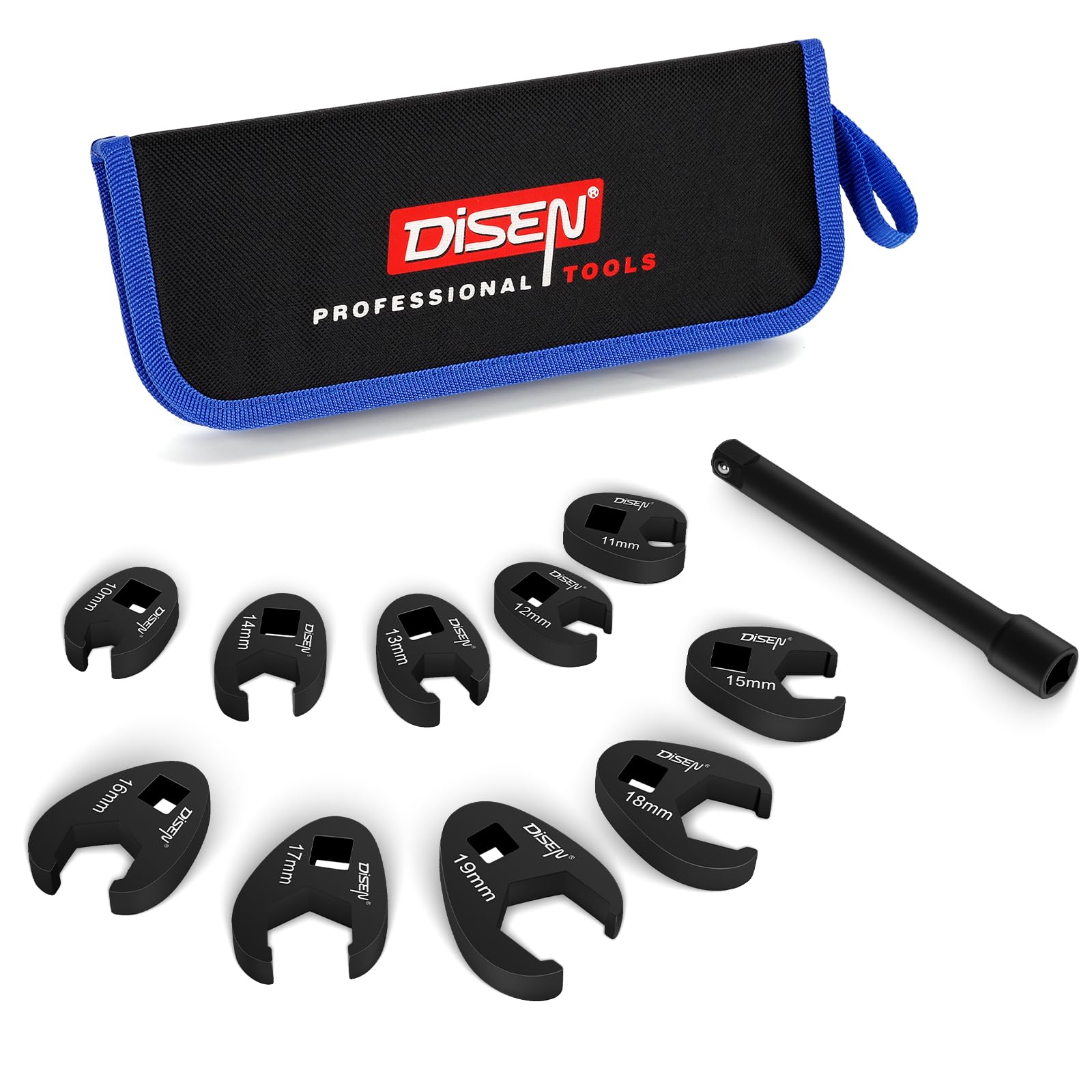 Photo 1 of DISEN 11 PCS Crowfoot Wrench Set for 3/8" Drive with Extension Bar, Flare Nut Wrenches Set Metric Size 10-19mm, Professional Kit with Zipper Pouch, for Automotive, Plumbing, and Industrial Repair
