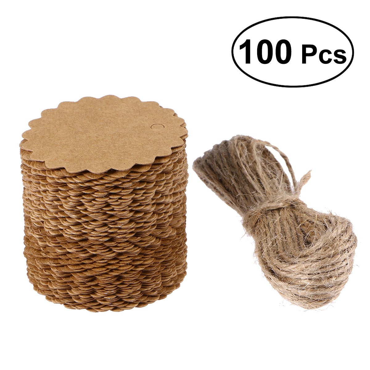 VORCOOL 100pcs 60mm Round Scalloped Kraft Paper Card/Gift Tag/DIY Tag/Luggage Tag/Price Label with 10M Jute Twine (Brown)